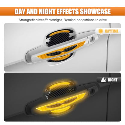BDZMC 8PCS Car Door Handle Protector Stickers, 3D Carbon Fiber Paint Guard Cover, Outdoor Safety Warning Reflective Protective Films, Car Door Handle Scratch Protector for Most Cars (Yellow)