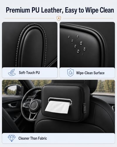 Leather Car Tissue Holder, Extra Large Tissue Holder for Car, Fits 120–230 Count Rectangular Tissue Boxes, Wider Opening for Easy Access, Dual Zipper for Headrest,Console,Seat Back (Black)