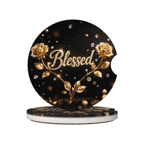 Rose Blessed Golden Car Cup Holder Coasters 2 Pack Universal 2.63 Inch Anti Slip Ceramic Absorbent Coaster with Cork Base and Finger Notch Cute Car Accessories Interior for Women - color: Gold