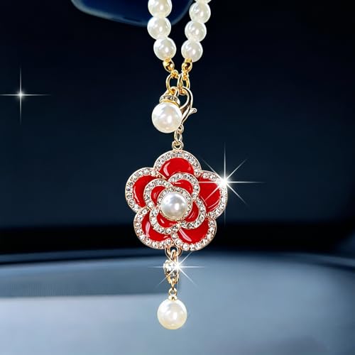 Bling Flower Rear View Mirror Accessories, Cute Car Decor for Women, Pearl Chain with Camellia Car Hanging Accessories Rearview Mirror Charms - color: Red