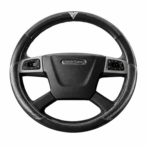 18-Inch Genuine Leather Steering Wheel Cover for Semi Trucks – Black with Grey Stripes, Universal Fit Heavy-Duty Non-Slip Grip, Comfortable Control, Easy Installation - color: Black with Grey Stripes