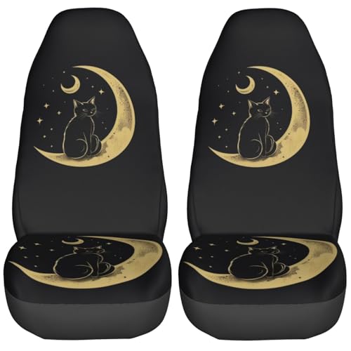 Dujiea Cat Sitting On The Crescent Moon Car Front Seat Covers 2 Pcs Universal Auto Seat Covers Front Seats Only, Vehicle Bucket Seat Protectors Fit for Most Car SUV Sedan and Truck - color: Cat Sitting On The Crescent Moon