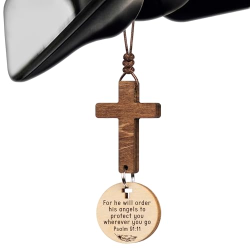 Cross for Car Mirror Hanging Christian Gifts for Men, Dad, Women, Bible Study - Scan Phone for Daily Bible Verse Car Rearview Decor Accessories for Truck Driver, Jesus Religious Gift - color: Psalm 91:11