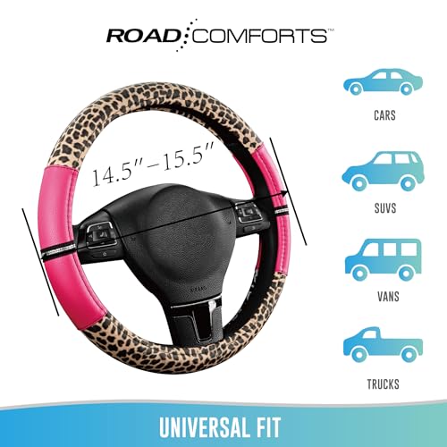 Road Comforts Leopard Steering Wheel Cover for Women, Cute Anti-Slip Microfiber Leather, Universal Fit 14.5-15 Inch Round Steering Wheel - HotPink - color: Round HotPink