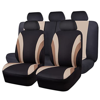 CAR PASS Line Rider Sporty Cloth 11PCS Universal Fit Car Seat Cover -100% Breathable with 5mm Composite Sponge Inside,Airbag Compatible,3zipper Bench(Full Set, Black and Beige) - color: Black and Beige, size: Full Set