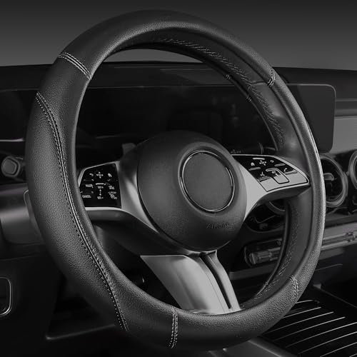 CAR PASS Microfiber Leather Steering Wheel Cover and Waterproof Car Floor Mats,Universal Car Combo Fit for 95% Sedan,SUV,Cars,14.5-15inch Anti-Slip Safety Comfortable Faux Leather Design(Solid Black) - color: All Black