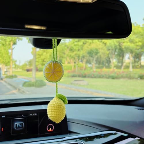 Rear View Mirror Hanging Accessory, Cute Lemon Car Accessories, Crochet Car Decor, Hand Knitted Mirror Hanger - color: Lemon