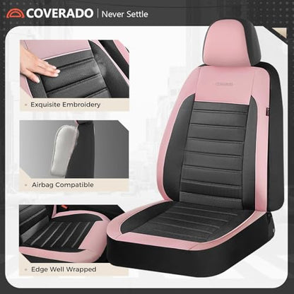 Coverado Car Seat Covers Front Seats, Luxury Leather Car Seat Covers, Automotive Mesh Seat Covers 2 Pack, Airbag-Compatible, Black Pink Seat Covers for SUV Sedan Truck