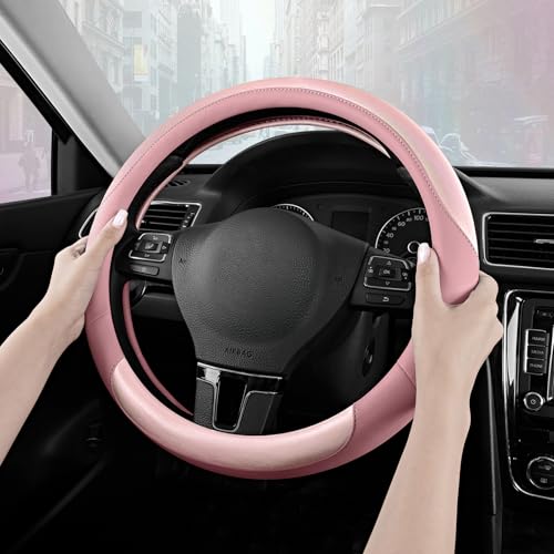 Road Comforts Steering Wheel Cover – Breathable Leather Steering Wheel Cover, Anti-Slip Grip, Universal Fit 14.5” to 15”, Heat & Cold Resistant for Cars, SUVs, and Trucks – Shining Pink & Pink - color: Pink&Pink