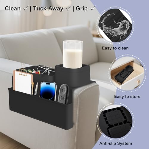 Couch Cup Holder Tray,Silicone Couch Arm Cup Holder,Couch Arm Organizer for Sofa Drinks/Phone/Remote/Snacks,Couch Armrest Recliner Armchair Caddy - Black - color: Black