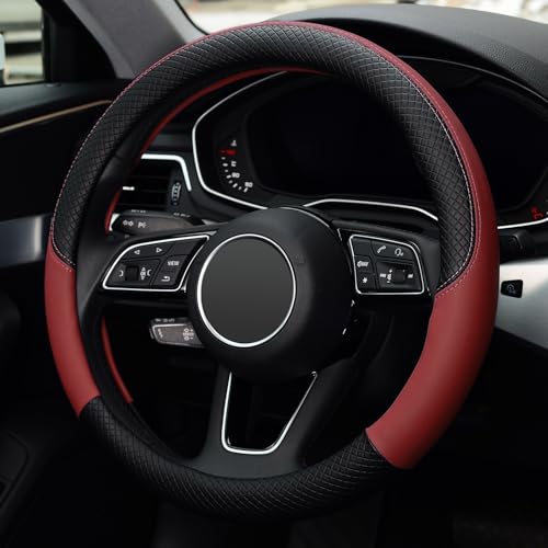 LABBYWAY Steering Wheel Cover, Universal Fit 15 Inch Microfiber Leather Car Wheel Protector, Anti-Slip, Claret - color: black&claret
