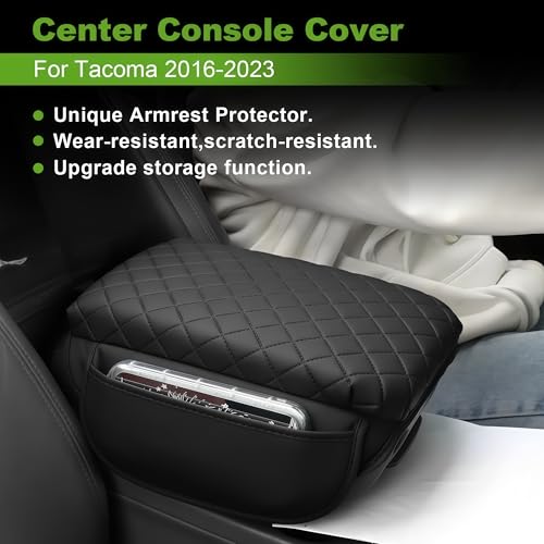 Armrest Cover for Toyota Tacoma Center Console Pad with Organizer Storage Pockets, Black Faux Leather Arm Rest Lid Protector Cushion Interior Accessories (2016-2023)