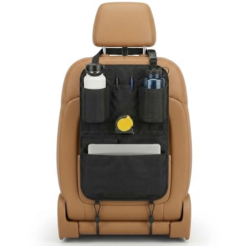 Premium Seat Back Organizer & Kick Mat Protector with Large Water Bottle Holders - Cordura Nylon Auto Storage - Laptop Pocket & Sag-Free Adjustable Fit