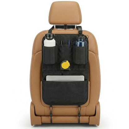 Premium Seat Back Organizer & Kick Mat Protector with Large Water Bottle Holders - Cordura Nylon Auto Storage - Laptop Pocket & Sag-Free Adjustable Fit