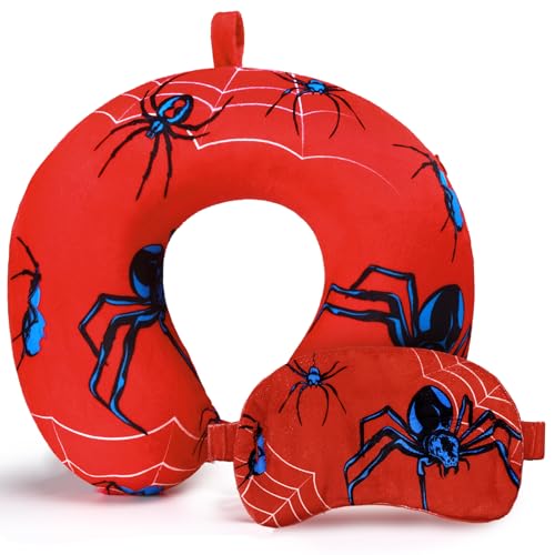 2 Pcs Spider Travel Pillow with Sleep Eye Mask, U Shaped Memory Foam Headrest & Neck Pillow with Washable Cover, Soft Neck Head Support Travel Accessories for Airplane Car Train Bus Trips - style: Spider