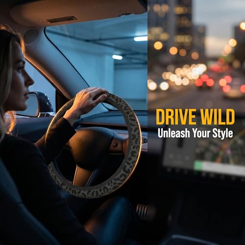 Black Leopard Print Steering Wheel Cover for Women,Universal 14-15 Inch Anti-Slip Breathable with 2 Pieces Car Coasters Cheetah Animal Print Car Wheel Cover Accessories - color: Leopard Black