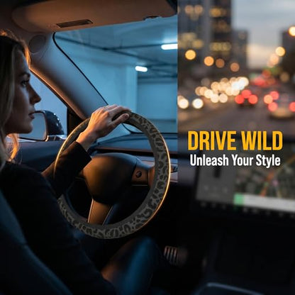 Black Leopard Print Steering Wheel Cover for Women,Universal 14-15 Inch Anti-Slip Breathable with 2 Pieces Car Coasters Cheetah Animal Print Car Wheel Cover Accessories - color: Leopard Black