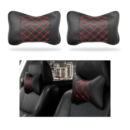 2PCS Car Neck Pillow, Soft Leather Headrest Pillow for Car Support Neck, Breathable Ergonomic Neck Support Relief Cushion for Driving with Adjustable Strap, Universal Car Accessories (Black&Red)