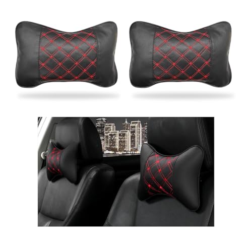 2PCS Car Neck Pillow, Soft Leather Headrest Pillow for Car Support Neck, Breathable Ergonomic Neck Support Relief Cushion for Driving with Adjustable Strap, Universal Car Accessories (Black&Red)