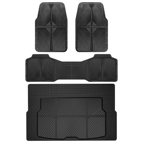 CAR PASS Rubber Floor Mats&Cargo Liner,Waterproof Trucks Mats Heavy Duty,All Weather Trim-to-Fit Automotive Mats for Cars Trucks SUV,Anti-Slip Easy Clean Durable,Full Set 5-Piece,3D Emboss All Black - color: Black Cargo Liner