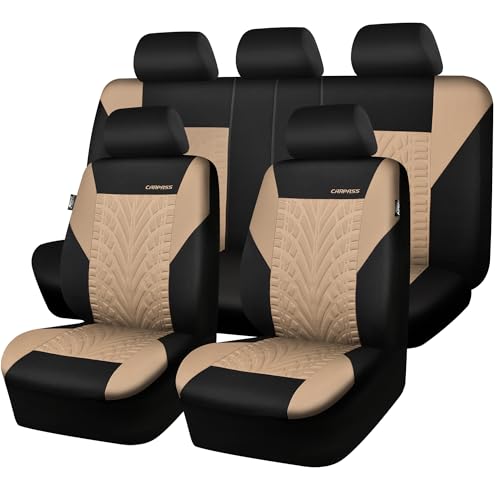 CAR PASS Car Seat Covers Full Sets, Front & Split Rear Bench for Car, 3D Tyre Embossed Automotive Interior Covers, Airbag Compatible, Quick Setup Universal Fit Seat Covers for Car, SUV(Black Beige) - color: Black and Beige, size: Full sets