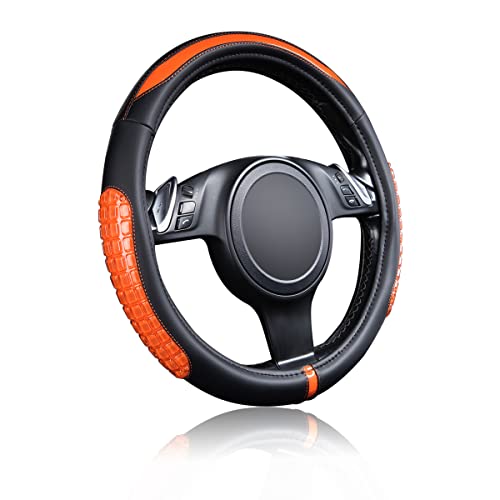 Flying Banner car Steering Wheel Cover Gel Massage Velvet Cool Warm Universal Size 15 inches SUV Truck Anti Slip Odorless Summer Winter (Black Orange, Gel Massage) - color: Black Orange