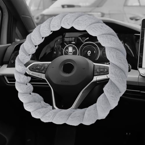Luxury Fluffy Winter Car Steering Wheel Cover for Women, Steering Wheel Protector, 15" Fluffy Soft Breathable Warm Non-Slip Decoration, Twisted Fur Car Cover for Vehicles (Gray, D-Shape) - color: Gray, size: D-Shape