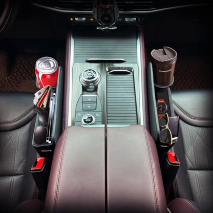 Car Seat Gap Filler & Organizer，2 Pack Black Car Leather Cup Holder Gap Bag,Men Car Interior Accessories，Seat Gap Storage Box for Storage Sunglasses、Phone、Key