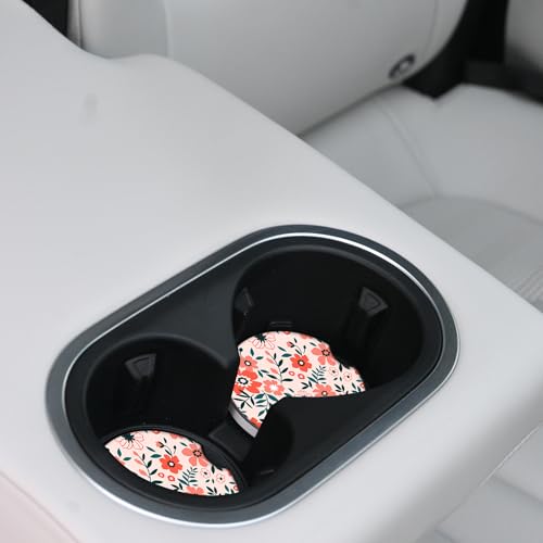 Red Flowers Car Coasters for Drinks Absorbent,2 Pack Cup Holders,2.56" Ceramic Stone & Non-Scratch Cork Base Coasters,Auto Accessories for Women & Men. - color: Red Flowers