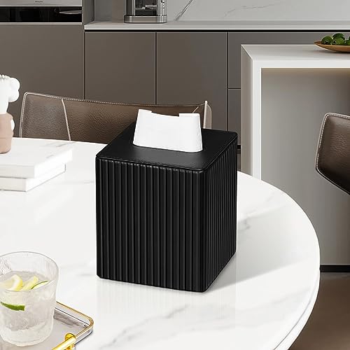 PU Leather Tissue Box Cover Square Tissue Box Holder with Magnetic Closure (Black Fluted) - color: Black Fluted