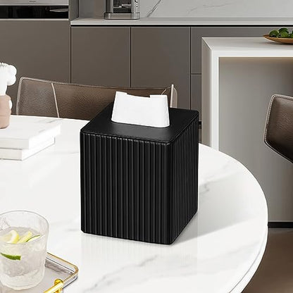 PU Leather Tissue Box Cover Square Tissue Box Holder with Magnetic Closure (Black Fluted) - color: Black Fluted