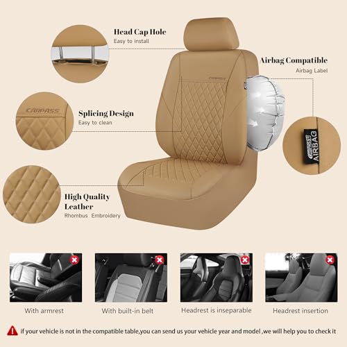 CAR PASS Faux Leather Seat Covers Full Set, Quilting Waterproof Premium Automotive Seat Cover with 5mm Composite Sponge Inside,Airbag Compatible, Universal for Most Cars Sedan SUV Truck, All Beige - color: Full Beige, size: Full Set (Front and Rear)