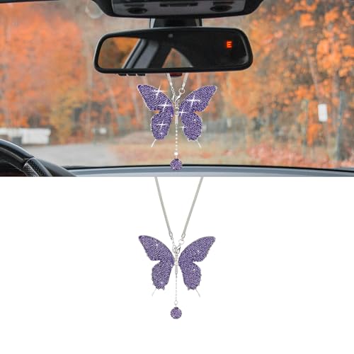 Bling Butterfly Diamond Car Accessories, Crystal Car Rear View Mirror Charms for Women, Car Decoration Lucky Gifts Hanging Interior Crystal Ornament Pendant Decor for All Cars (Purple) - color: Purple