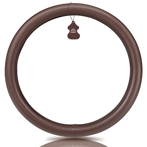 Haokay Heavy Duty Pure Cowhide Steering Wheel Cover, Genuine Leather Steering Cover Brown Leather Steering Wheel Cover with 15 Inches Universal Fit (Brown-1) - color: Brown-1