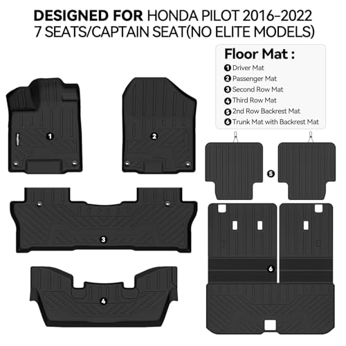 Floor Mats for Honda Pilot 2016-2022 7 Seats/Captain Seat(No Elite Models), Trunk Mat with Backrest Mat and 2nd Row Backrest Mat All Weather TPE Protector Accessories Floor Liner - size: 14)Pilot 7 Seats|2016-2022