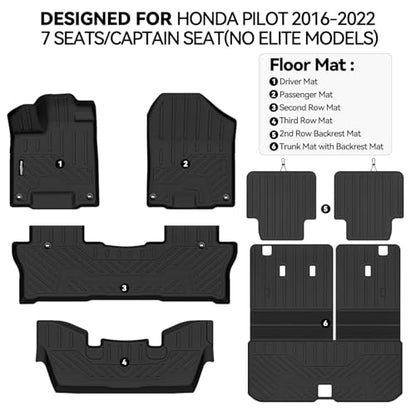Floor Mats for Honda Pilot 2016-2022 7 Seats/Captain Seat(No Elite Models), Trunk Mat with Backrest Mat and 2nd Row Backrest Mat All Weather TPE Protector Accessories Floor Liner - size: 14)Pilot 7 Seats|2016-2022