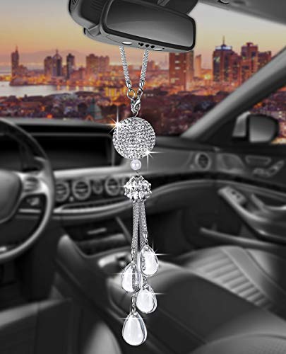 Rearview Mirror Accessories Bling Car Mirror Hanging Accessories Car Decorations for Women Cute Car Decor Car Bling Accessories for Women Bling Accessories for Car Car Mirror Decor(White) - color: White, size: Round