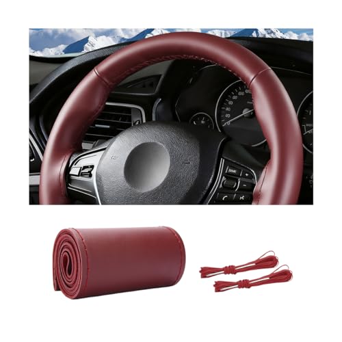 Genuine Leather Car Steering Wheel Cover, Sewing Stitch on Wrap Auto Wheel Cover with Needle Thread, Breathable Anti-Slip Vehicle Steering Stitching Protector, Universal Fit (Wine Red/Glossy) - color: Wine Red/Glossy