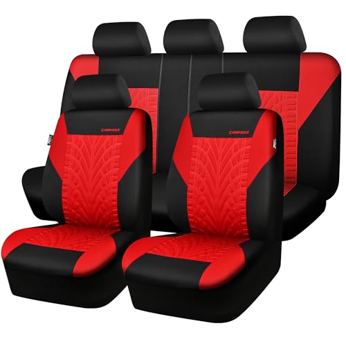 CAR PASS Car Seat Covers Full Sets, Front & Split Rear Bench for Car, 3D Tyre Embossed Automotive Interior Covers, Airbag Compatible, Quick Setup Universal Fit Seat Covers for Car, SUV(Black Red) - color: Red, size: Full sets