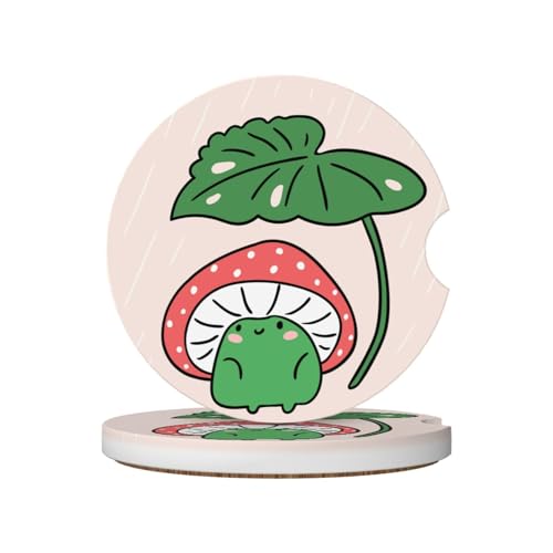Cartoon Mushroom Frog Car Coasters for Cup Holders,2 Pack Car Cup Holder Coasters for Car,Ceramic Absorbent Car Coaster with A Finger Notch and Cork Base,Car Interior Accessories for Women Men - color: Cartoon Mushroom Frog