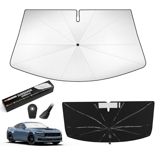 Windshield Sun Shade Umbrella Compatible with Ford Mustang 2015-2026, Upgraded Bendable Handle for Dashboard Protection,10-Rib Ice Crystal Coating Sunshade for UV & Heat Block Accessories - size: For Ford Mustang 2015-2026