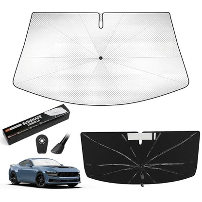 Windshield Sun Shade Umbrella Compatible with Ford Mustang 2015-2026, Upgraded Bendable Handle for Dashboard Protection,10-Rib Ice Crystal Coating Sunshade for UV & Heat Block Accessories - size: For Ford Mustang 2015-2026