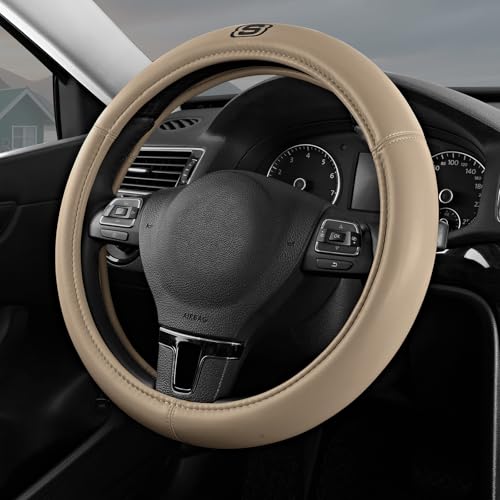 Skechers Memory Foam Steering Wheel Cover,Grade Protein Leather Steering Wheel Cover,Universal Fit 14" 1/2-15" Car Steering Wheel for Men Women Fit Suvs,Vans,Sedans,Car,Trucks,Beige - color: Beige