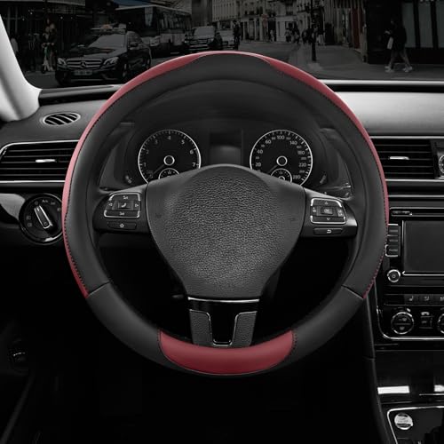 Road Comforts Steering Wheel Cover, Breathable Anti-Slip Leather Steering Wheel Cover, Universal Fit 14.5–15 Inch, Comfortable Grip - Redwine Color