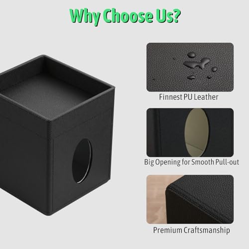 Tissue Box Cover, PU Leather Square Tissue Box Holder with Upper Storage Tray for Bathroom/Countertop/Nightstand/Office Table - Black