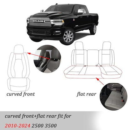 Coverado Car Seat Covers Fullset, Waterproof Leather Car Seat Covers for Dodge RAM 1500 Compatible with 2010-2023 2500 3500 Dodge RAM Accessories, Curved Front&Flat Rear/Black
