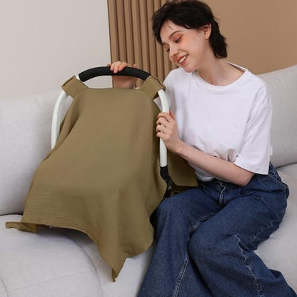 100% Muslin Cotton Car Seat Cover Baby, Carseat Canopy Cover, Universal Fit Stroller Covers for Boys and Girls (Coffee) - color: coffee