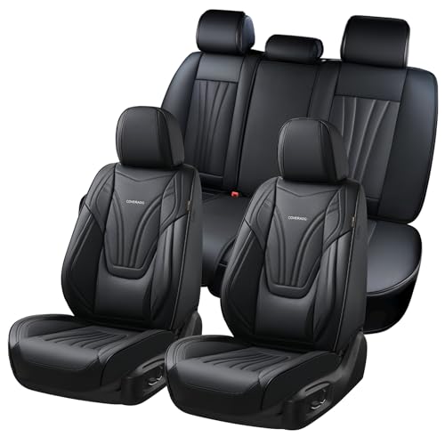 Coverado Car Seat Covers Full Set, 5 Piece Car Seat Protector with Lumbar Support & Removable Headrest, Breathable Leather Front Rear Seat Cushion Universal Fit for Truck Automotive Black - color: Lumbar-Black, size: Full Set