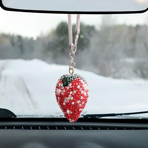 Bling Strawberry Car Rear View Mirror Charm, Rhinestone Auto Rearview Mirror Pendant Ornament, Sparkly Diamond Hanging Decoration, Lucky Vehicle Interior Accessory for Women (Strawberry) - color: Strawberry