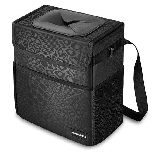 SIBOFUEGO Cute Car Trash Can with Lid – Multipurpose Collapsible Trash Bin for Car, Leak-Proof Organizer, Waterproof Garbage Can with Storage Pockets & Adjustable Straps, 2 Gallons (Black Leopard) - color: Black Leopard, size: 2 Gallons